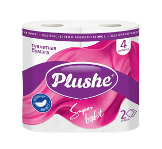 Туалетная бумага Plushe Супер Лайт белая 2-х слойная, 4шт*15м