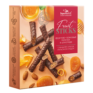 Конфеты Fruit Sticks с курагой, цукатами апельсина, миндалем, медом, в шоколадной глазури, Берестов