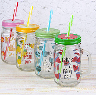 Банка с ручкой, крышкой и трубочкой "Счастливый день"