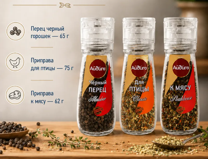 Мельницы со специями и копченая соль Айдиго со скидкой 15% - натуральные пряности, свежий помол и насыщенный аромат